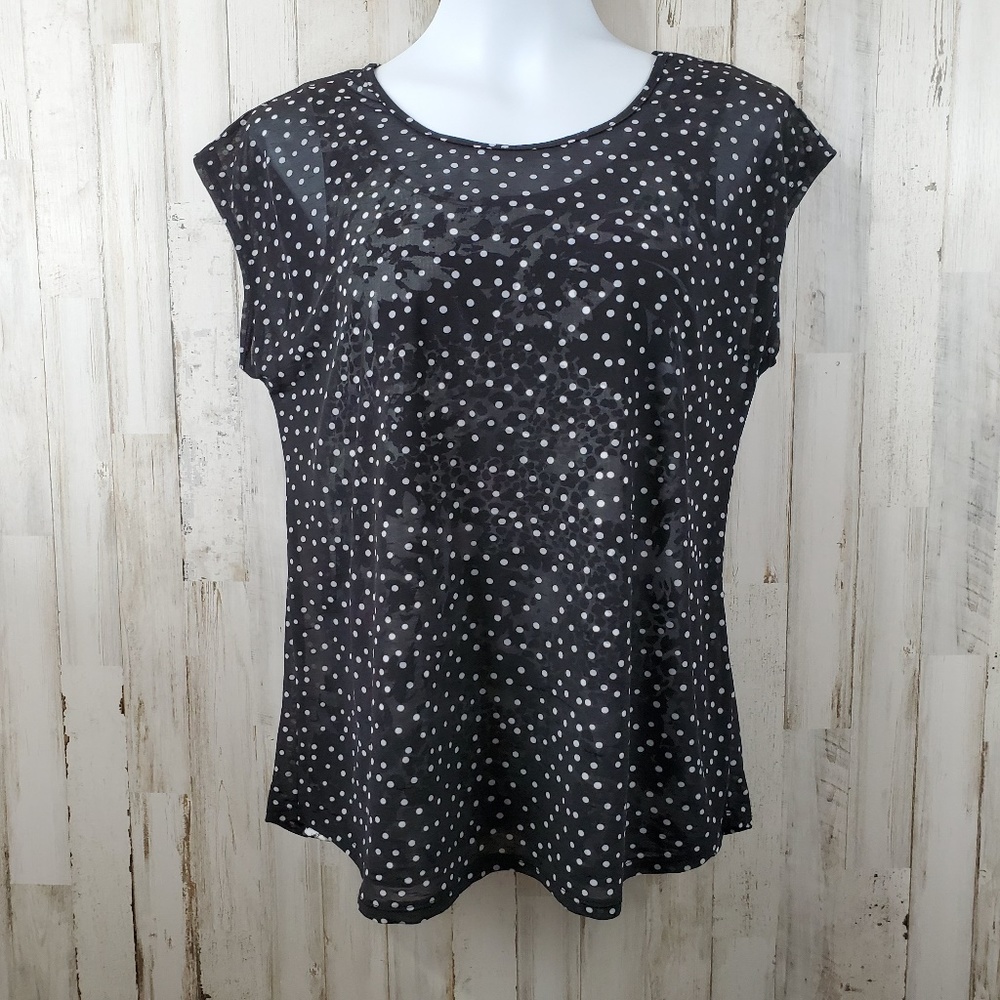 5/$25 Elementz Womens Top M Black White Short Sleeve Polka Dot Animal Print Q19
